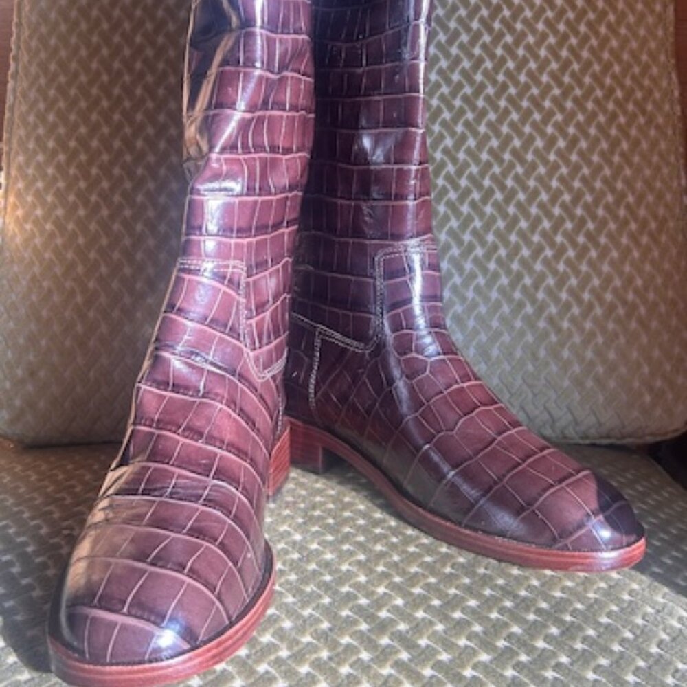 Schutz Terrance Up Crocodile Embossed Leather Rich Brown Riding Boots NEW 8.5B